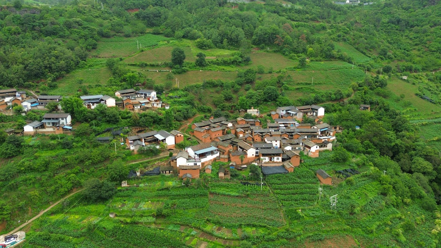 Houses with colorful roofs scattered across a rural green valley.