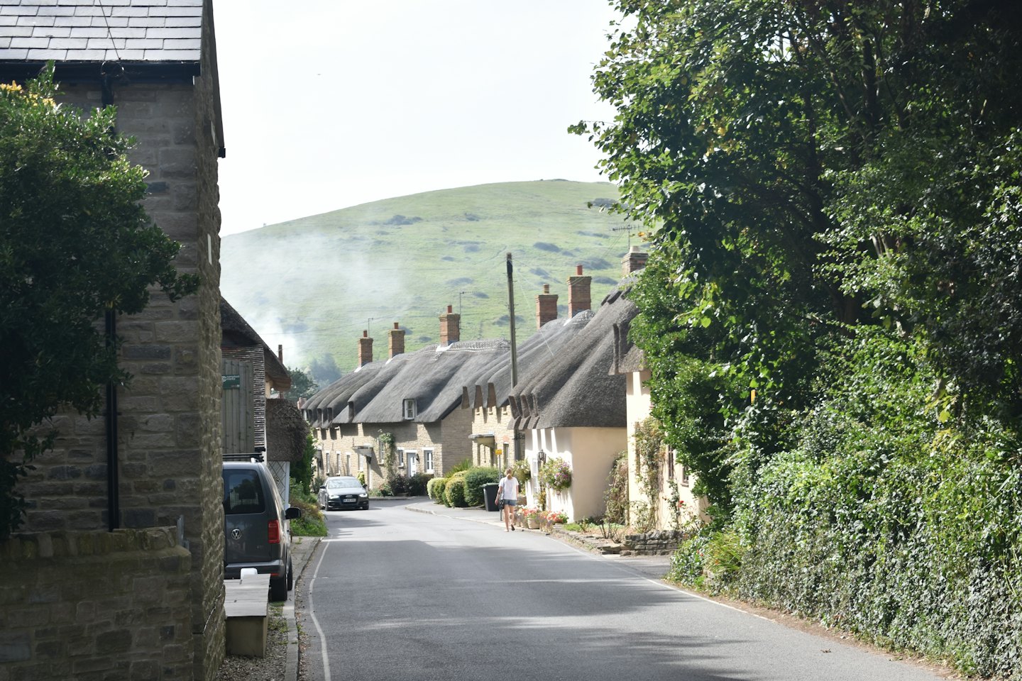 Person walking a dog along a village street with thatched cottages.